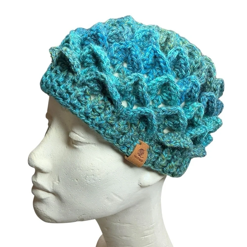 Kids Winter Beanie Hat Blue‎ Green Crocodile Dragon Scale Handcrafted Crochet